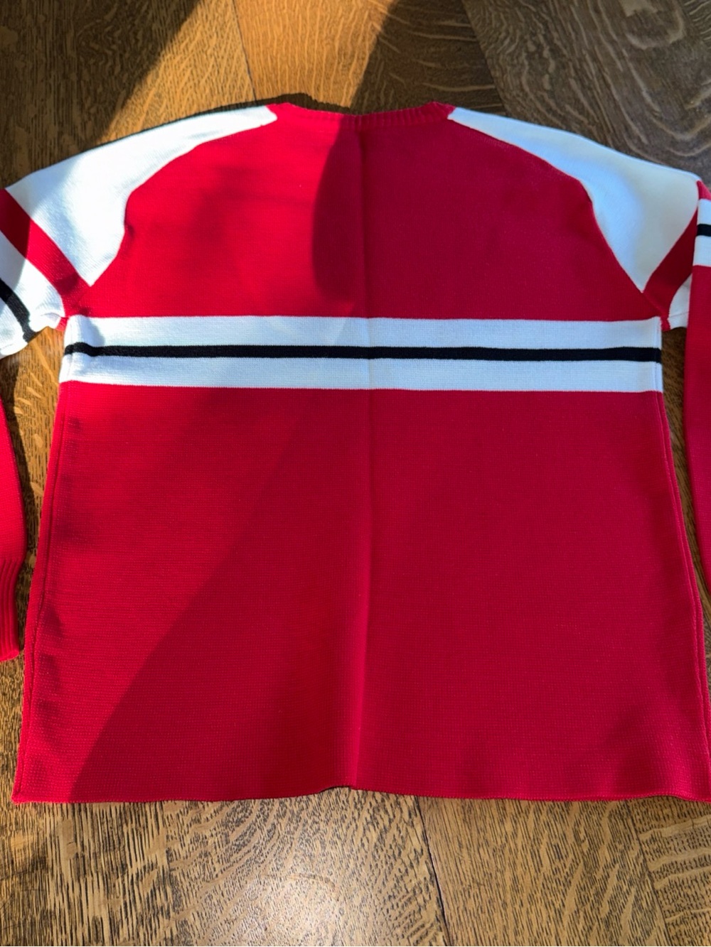 Red Crewneck Sweater with White & Black Stripe - Women's Crew Neck - Picture 12 of 13